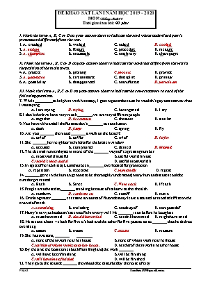 Đề khảo sát lần I môn Tiếng Anh Lớp 11 - Năm học 2019-2020 (Kèm đáp án)